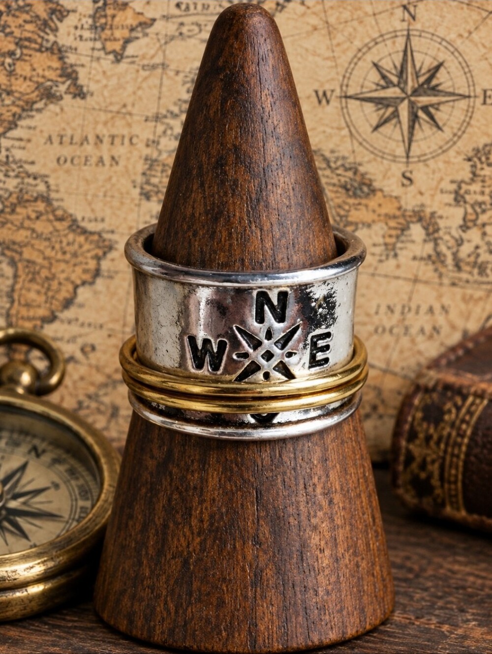 COMPASS Silver Tone Gold Tone Size 10 Fidget Wide Band Adventure Ring Unisex NEW